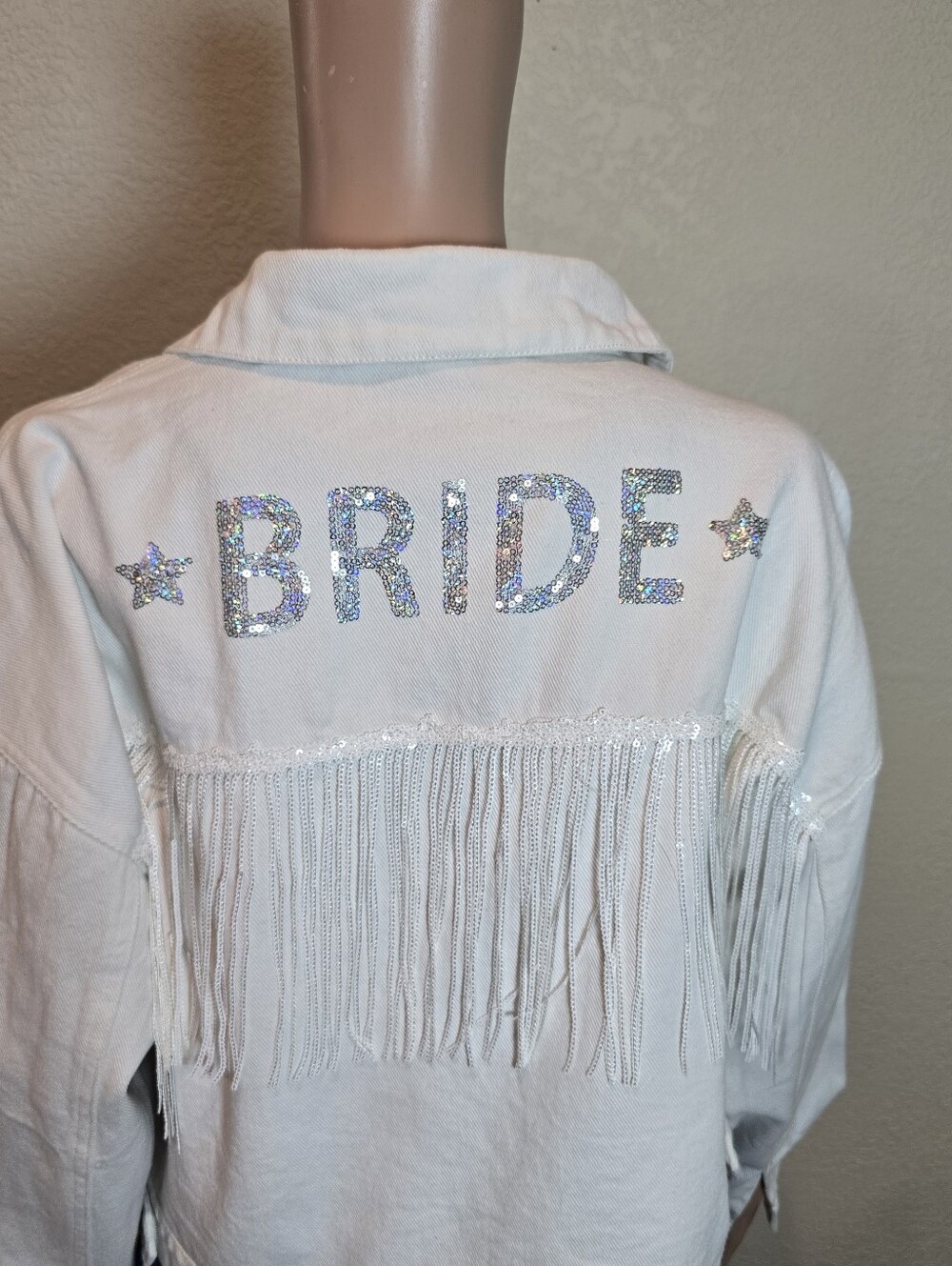 Altar'd State White Fringe 'BRIDE' Denim Jacket - Picture 2 of 12